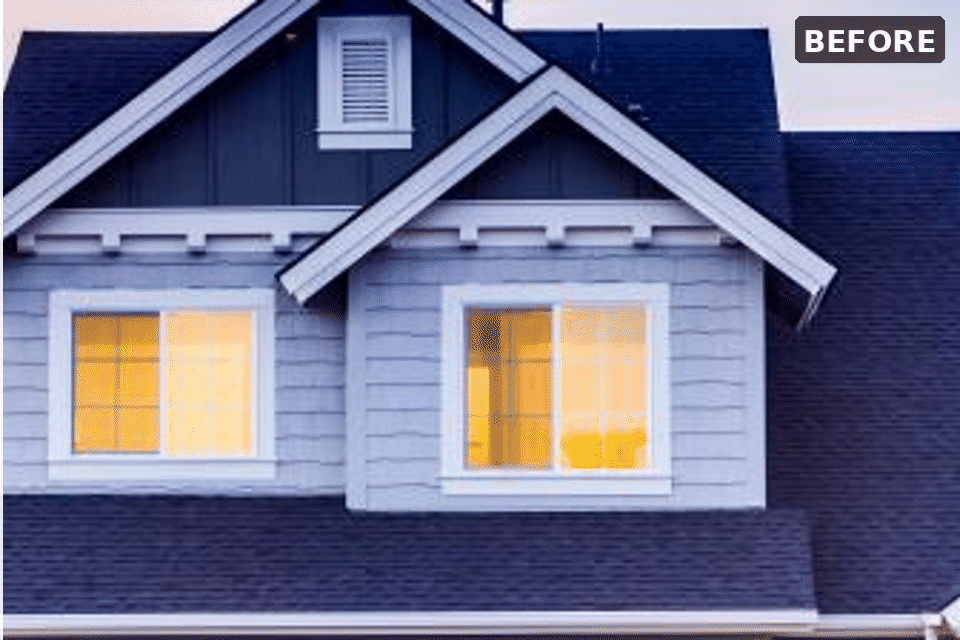 Looping animation: a divider sweeps across a porch photo, the left side labelled Original and soft, the right side labelled After and sharp.